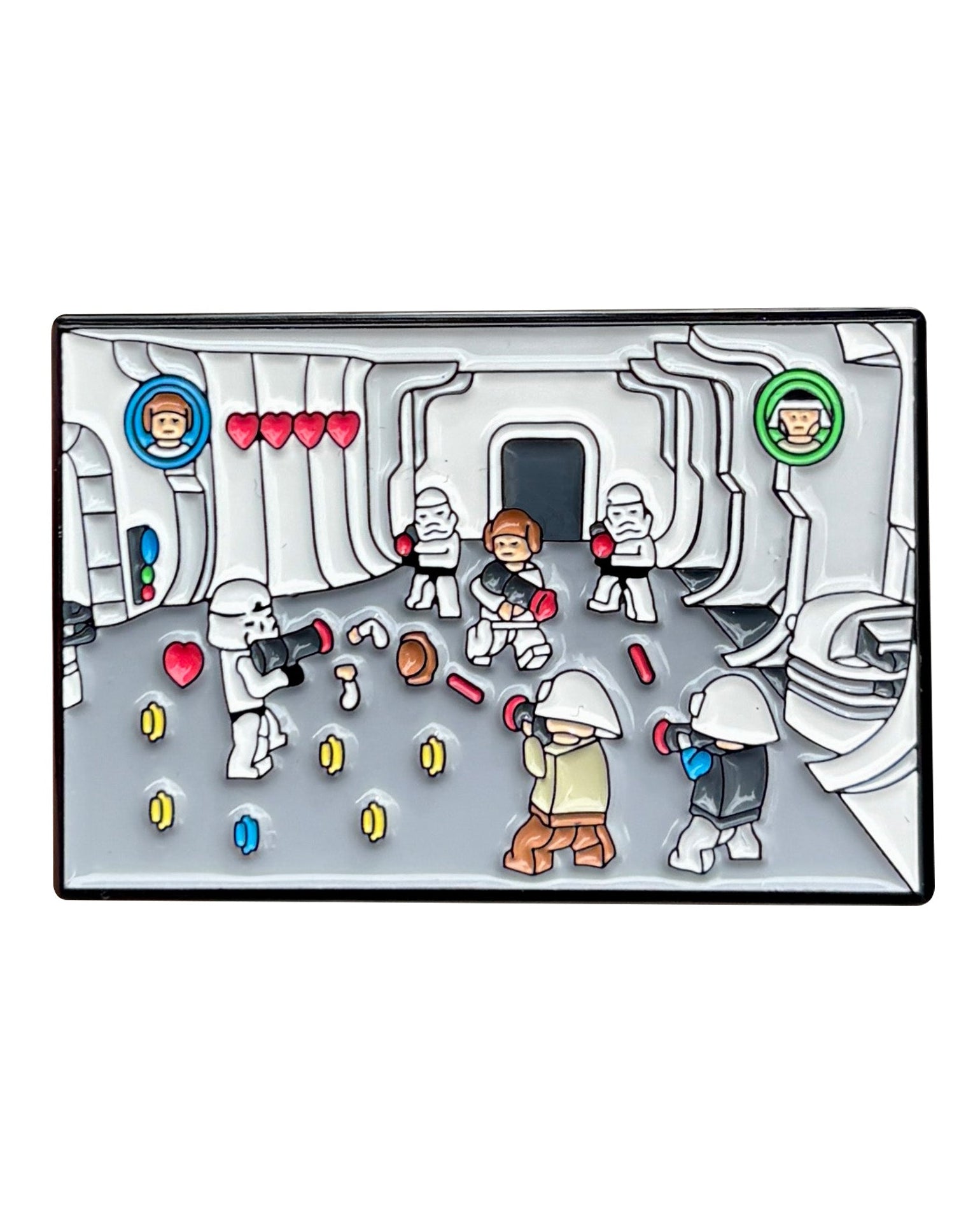 A rectangular enamel pin featuring a Star Wars-themed scene with white stormtroopers and characters in a sci-fi corridor, surrounded by small colored coin-like accents on a white background.