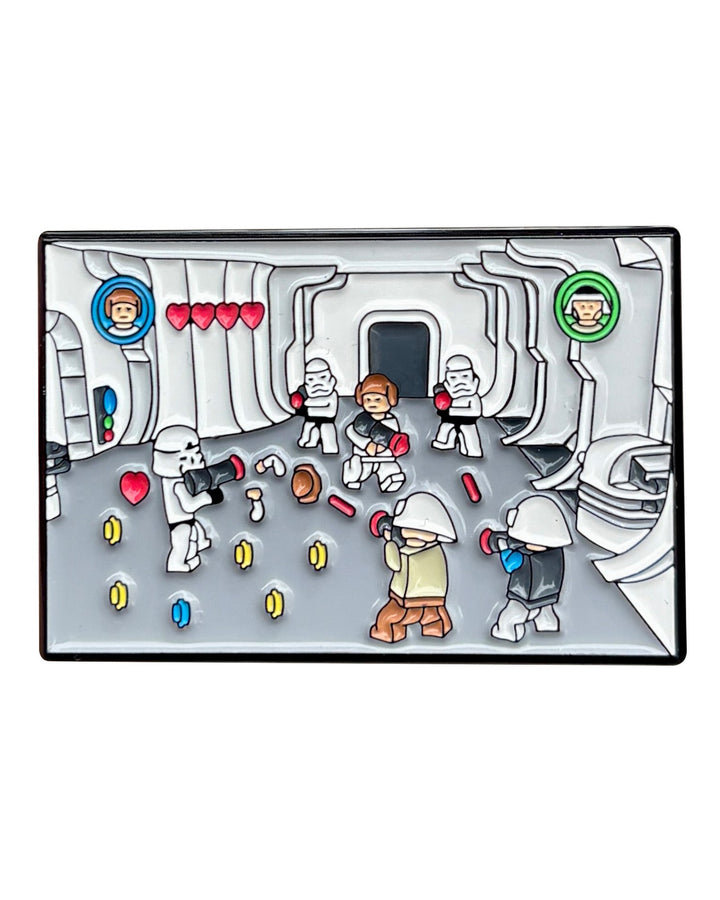 A rectangular enamel pin featuring a Star Wars-themed scene with white stormtroopers and characters in a sci-fi corridor, surrounded by small colored coin-like accents on a white background.