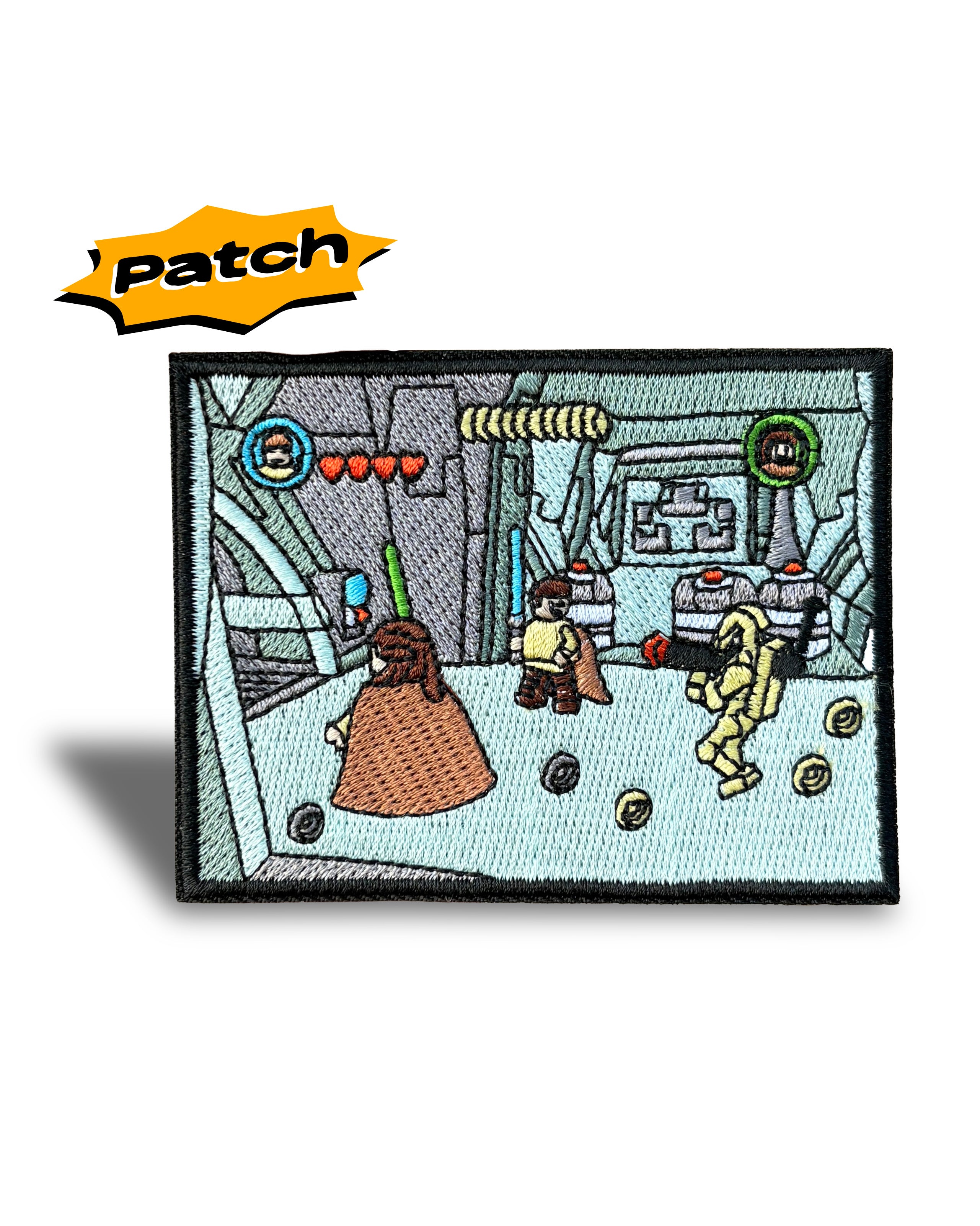 An embroidered rectangular patch featuring a pixel-art scene with a brown-robed figure, a small character in tan and brown, and a yellow robot on a light blue background, bordered in black. A yellow 'Patch' logo appears above the patch on a white background.
