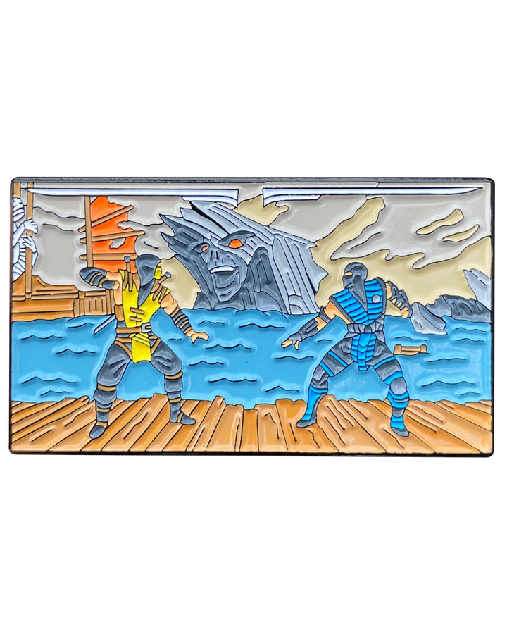 Mortal Kombat Fatality enamel pin with Scorpion and Sub-Zero