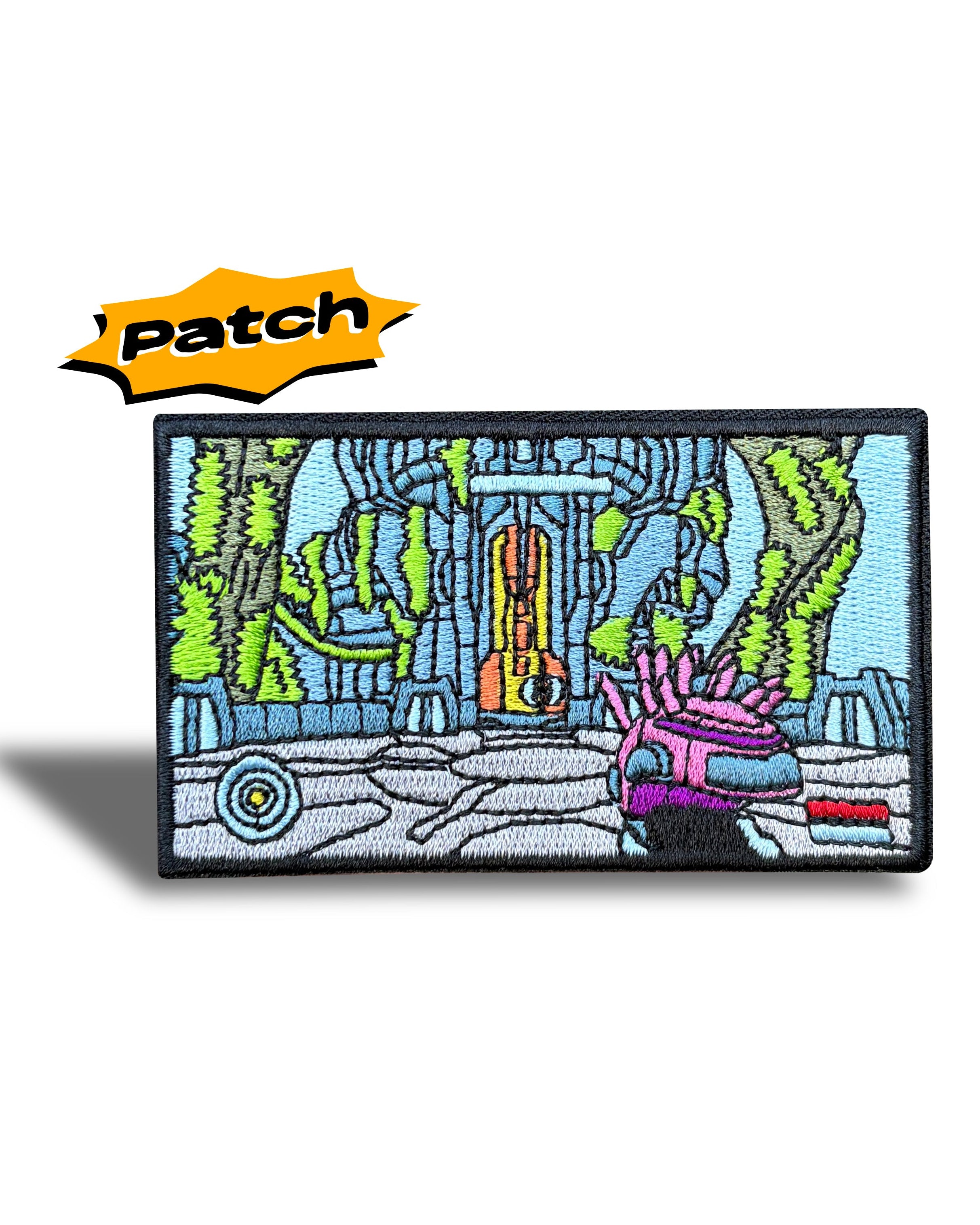 An embroidered rectangular patch featuring a colorful sci-fi scene with a pink spaceship, blue and green structures, and a glowing orange doorway, shown on a white background with a yellow 'Patch' logo in the top left corner.