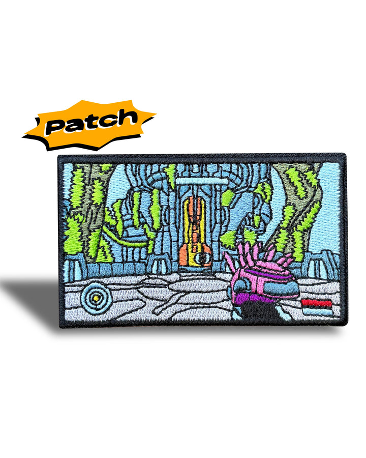 An embroidered rectangular patch featuring a colorful sci-fi scene with a pink spaceship, blue and green structures, and a glowing orange doorway, shown on a white background with a yellow 'Patch' logo in the top left corner.